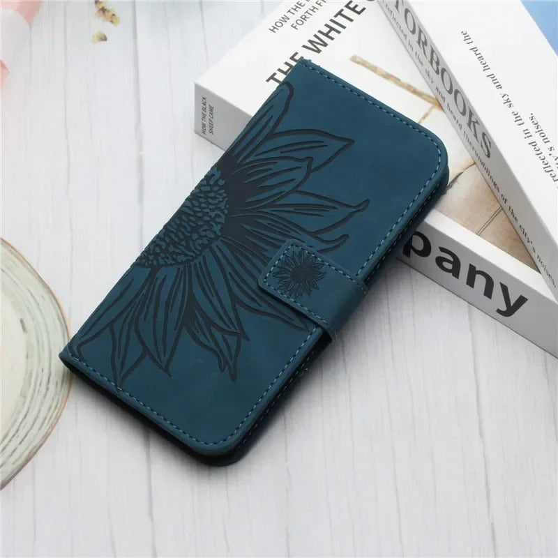 Luxury iPhone Case — Sunflower Leather Wallet Flip Cover with Magnetic Holder, Anti-Scratch Full-Protection Design