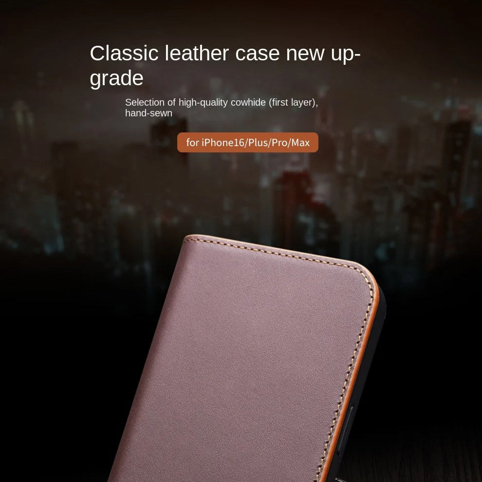 Luxury iPhone Case — Ultra-Slim Handmade Genuine Leather Wallet Flip Cover with Card Slots, Shockproof Drop Protection & Horizontal Stand Function