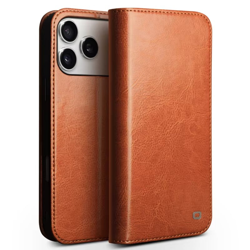 Luxury iPhone Case — Ultra-Slim Handmade Genuine Leather Wallet Flip Cover with Card Slots, Shockproof Drop Protection & Premium Cowhide Texture