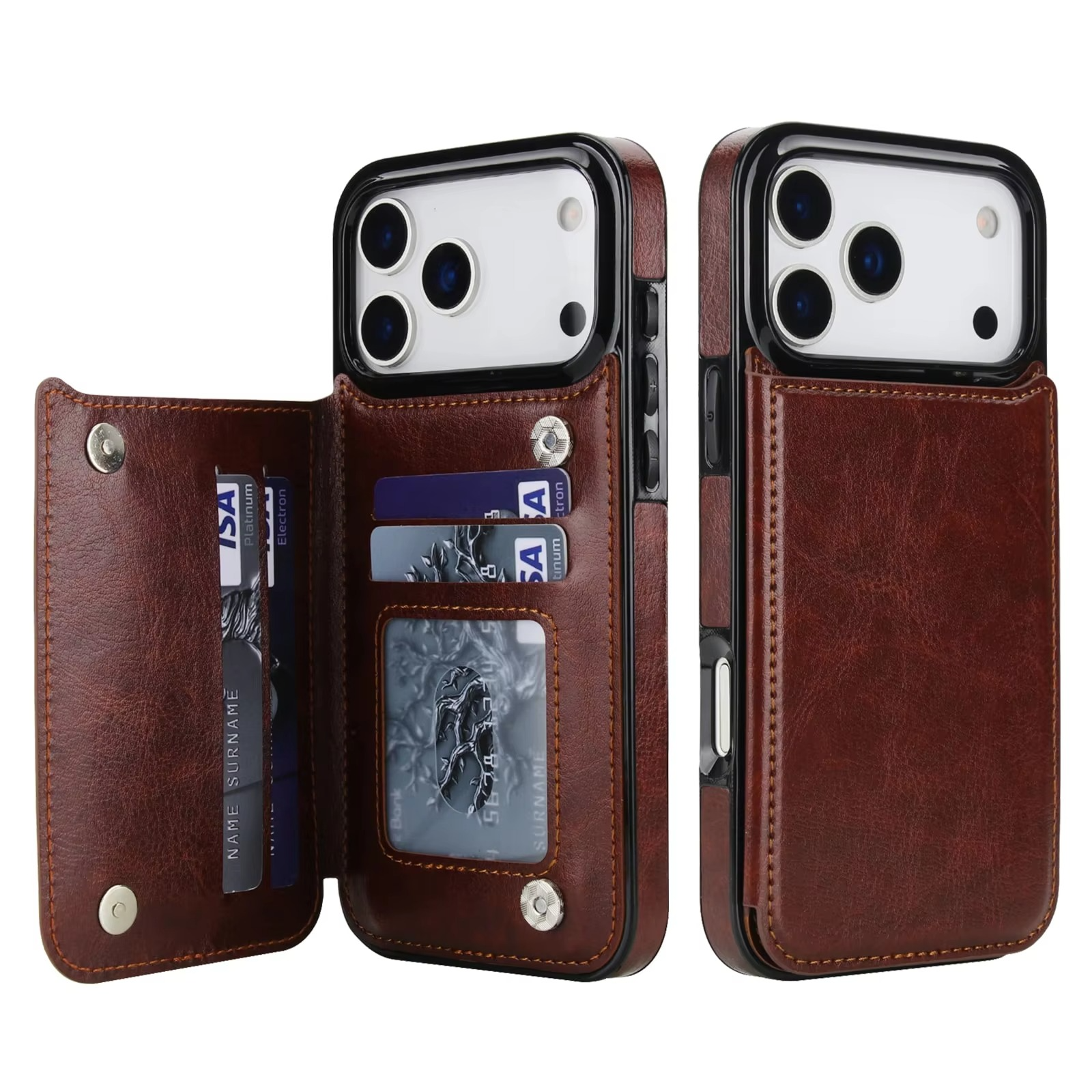 Luxury iPhone Case — Wallet Cover with Card Holder, Faux Leather Kickstand, Double Magnetic Clasp, Durable Shockproof Soft Case, Plain Design