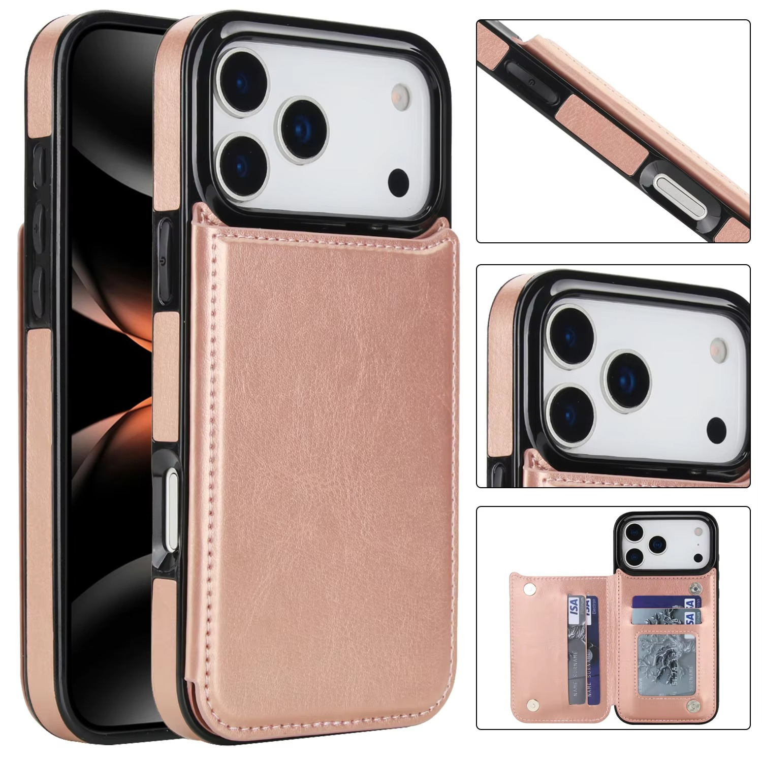 Luxury iPhone Case — Wallet Cover with Card Holder, Faux Leather Kickstand, Double Magnetic Clasp, Durable Shockproof Soft Case, Plain Design