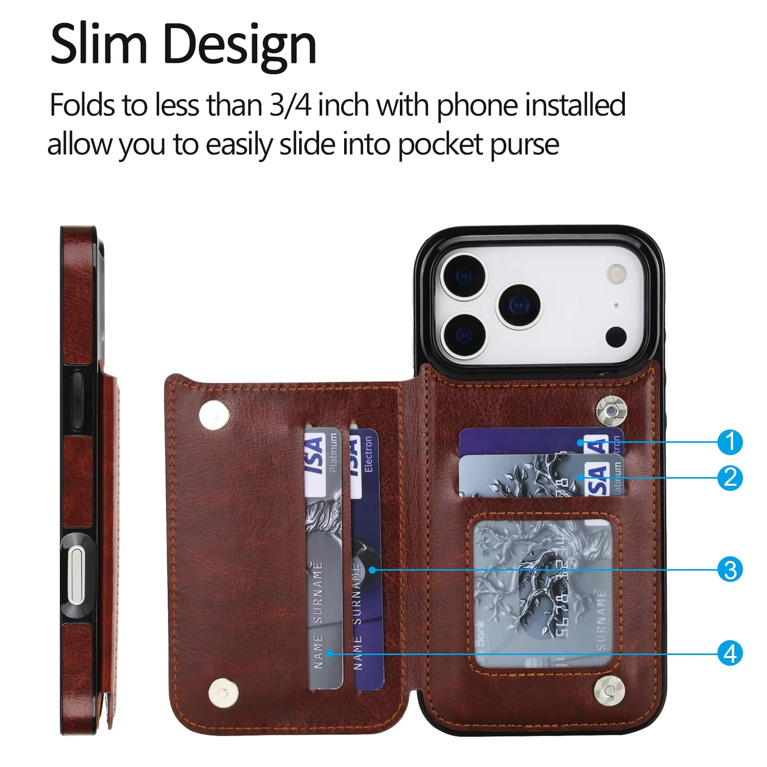 Luxury iPhone Case — Wallet Cover with Card Holder, Faux Leather Kickstand, Double Magnetic Clasp, Durable Shockproof Soft Case, Plain Design