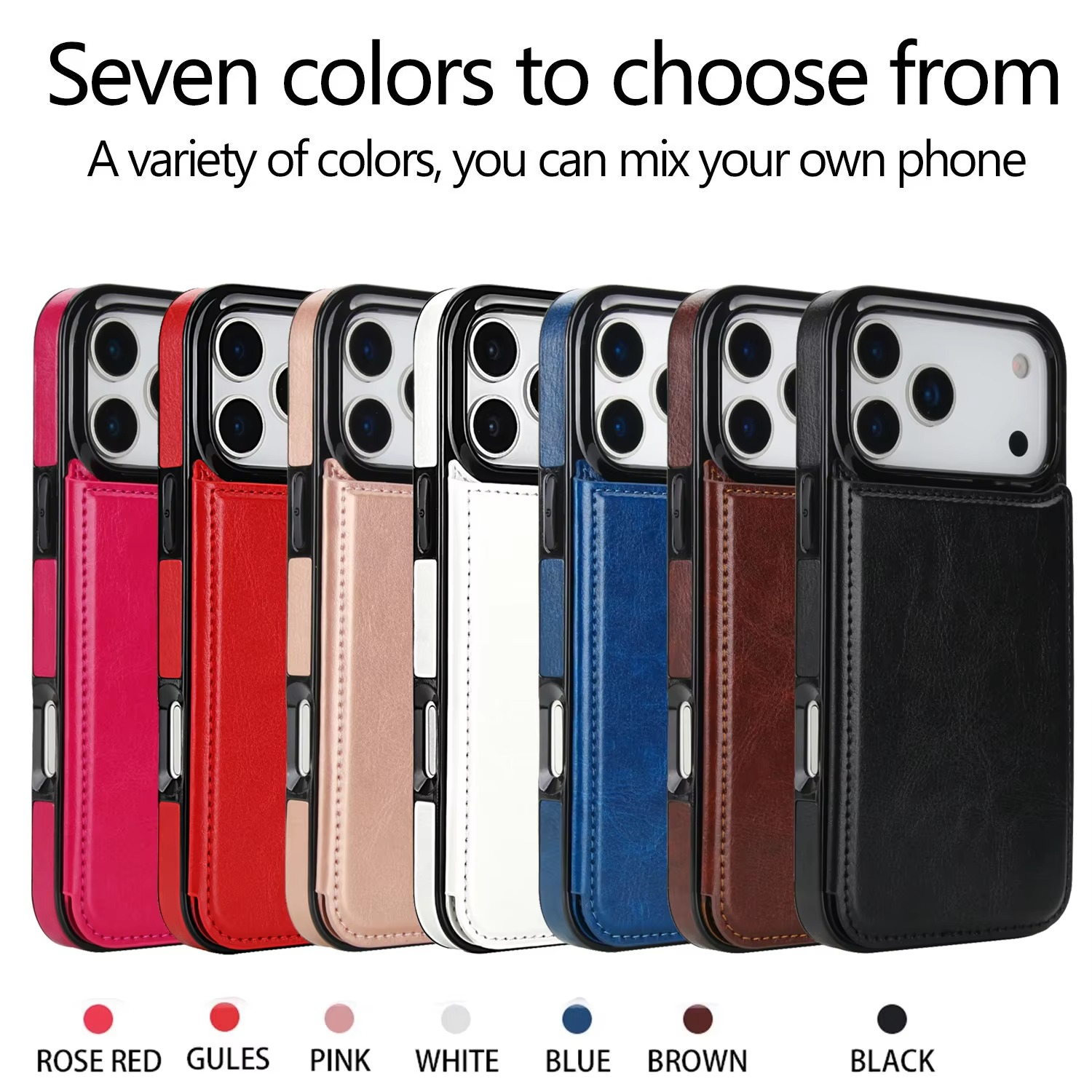 Luxury iPhone Case — Wallet Cover with Card Holder, Faux Leather Kickstand, Double Magnetic Clasp, Durable Shockproof Soft Case, Plain Design