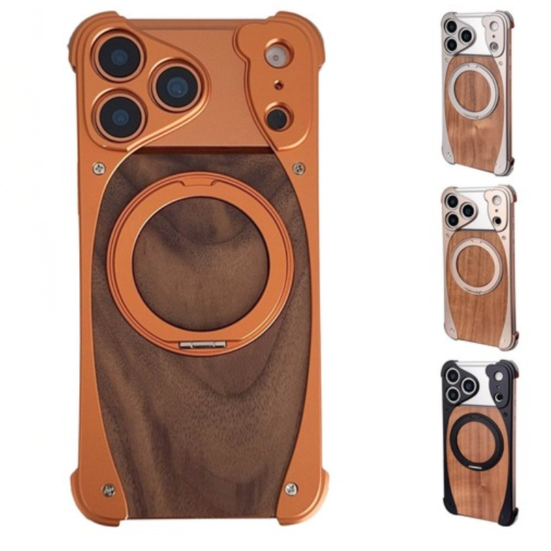 Luxury iPhone Case — Walnut Wood and Aluminum Magnetic Cover with Shockproof Drop-Proof Protection and Built-In Bracket