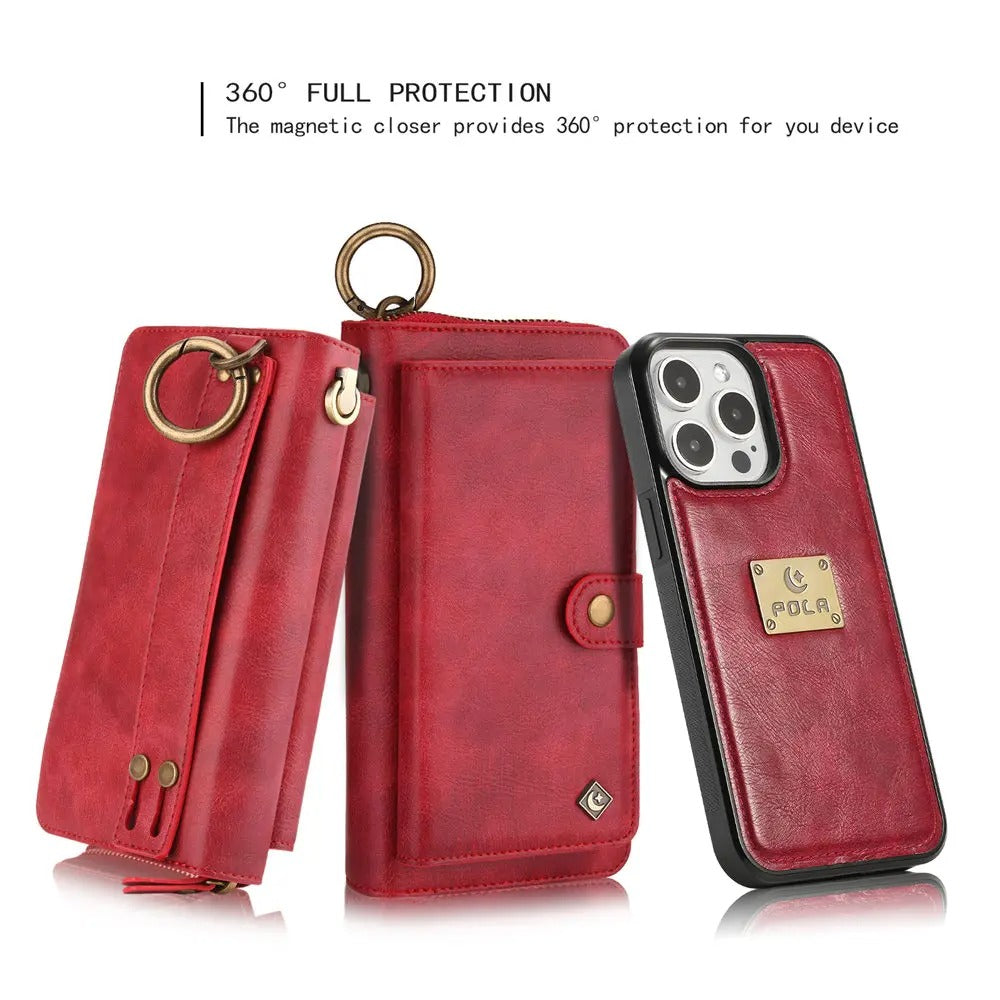 Luxury iPhone Case — Zipper Leather Wallet Cover with Card Slots, Ring Holder and Wristband Purse Design