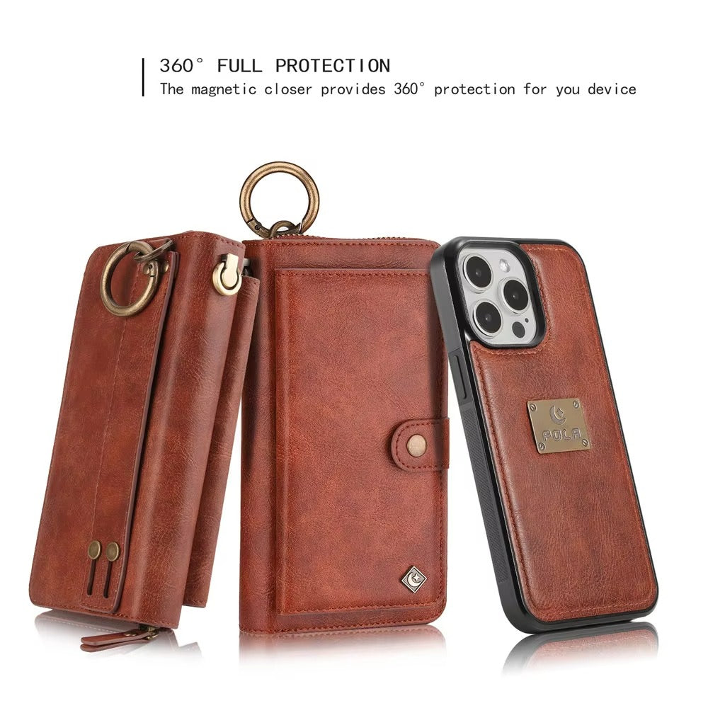 Luxury iPhone Case — Zipper Leather Wallet Cover with Card Slots, Ring Holder and Wristband Purse Design