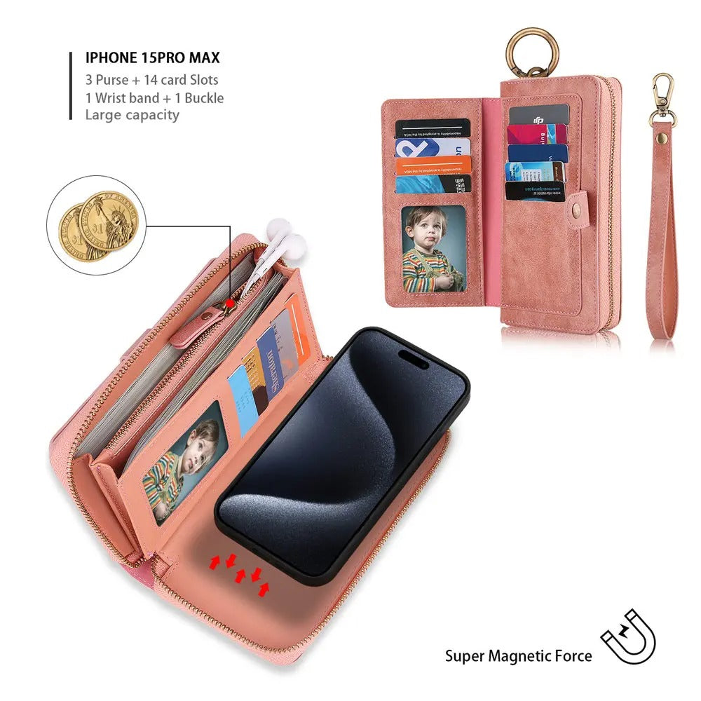 Luxury iPhone Case — Zipper Leather Wallet Cover with Card Slots, Ring Holder and Wristband Purse Design