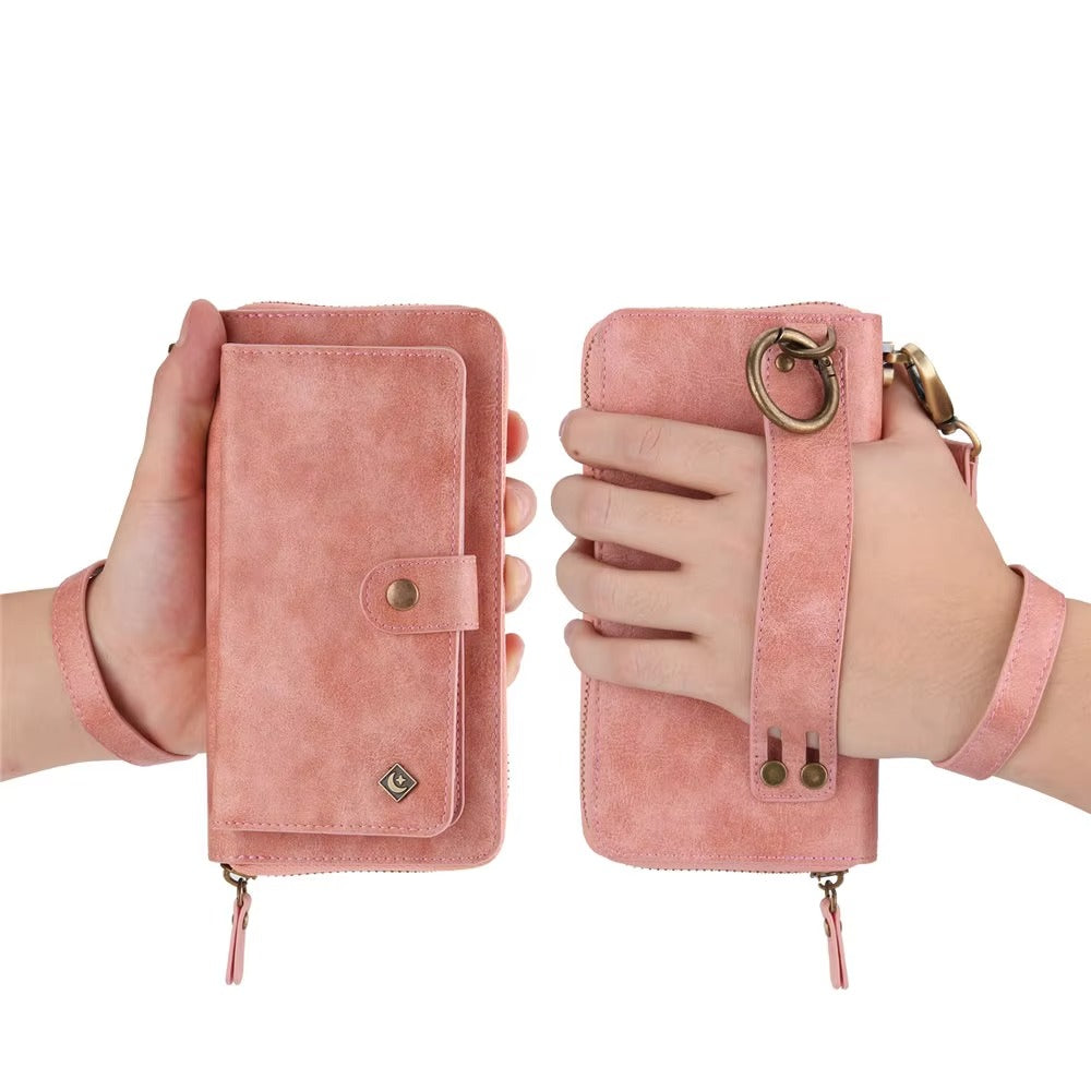 Luxury iPhone Case — Zipper Leather Wallet Cover with Card Slots, Ring Holder and Wristband Purse Design