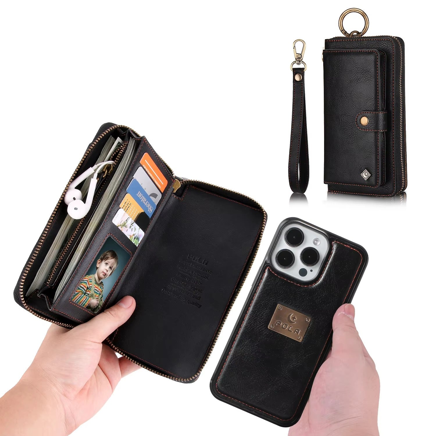 Luxury iPhone Case — Zipper Leather Wallet Cover with Card Slots, Ring Holder and Wristband Purse Design