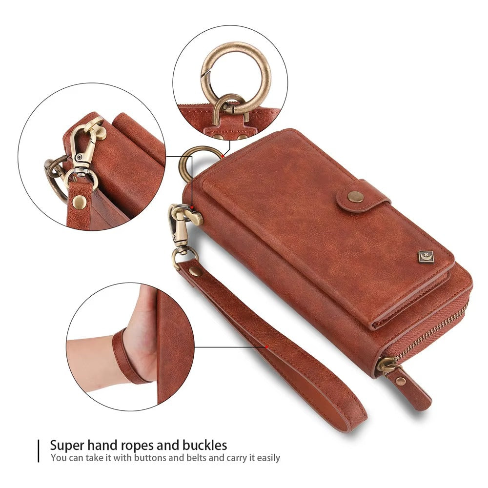 Luxury iPhone Case — Zipper Leather Wallet Cover with Card Slots, Ring Holder and Wristband Purse Design