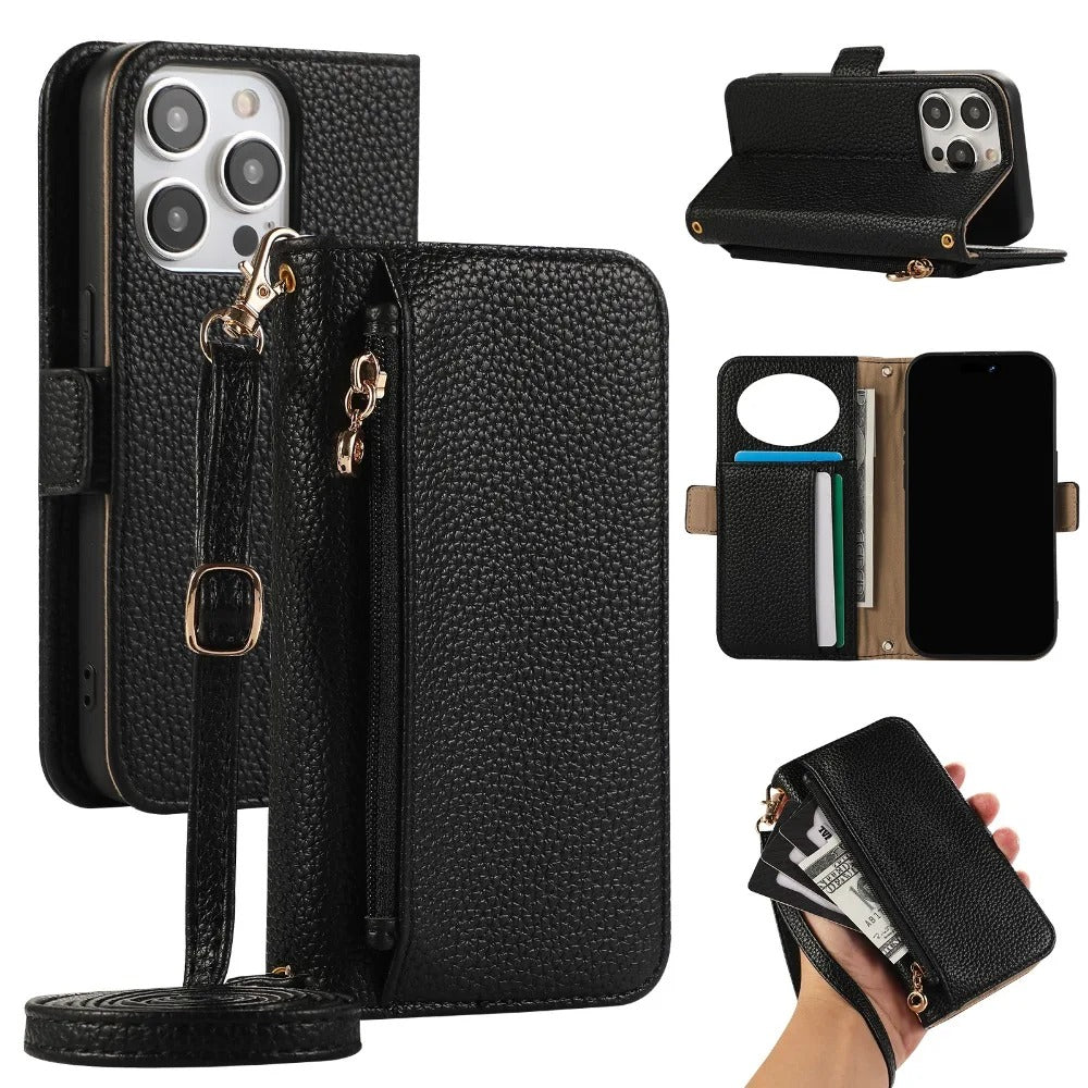 Luxury iPhone Crossbody Zipper Wallet Case — PU Leather Cover with Card Holder, Adjustable Strap, Shockproof Drop Protection, Anti-Fingerprint Scratch-Resistant Design