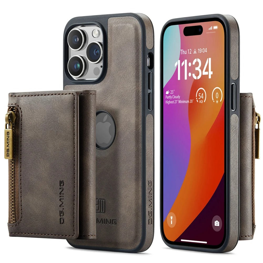 Luxury iPhone DG.Ming Magnetic Flip Leather Wallet Case — Zipper Card Holder Back Cover, Dual Layer Shockproof Design, Wireless Charging Compatible