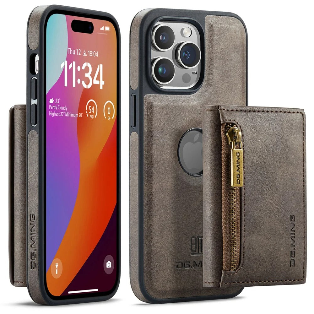 Luxury iPhone DG.Ming Magnetic Flip Leather Wallet Case — Zipper Card Holder Back Cover, Dual Layer Shockproof Design, Wireless Charging Compatible