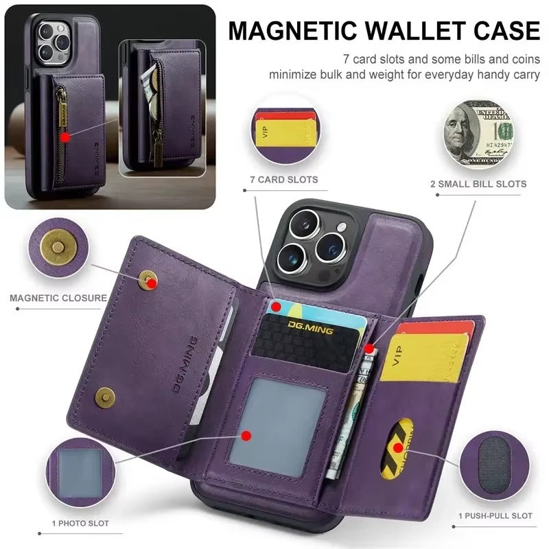 Luxury iPhone DG.Ming Magnetic Flip Leather Wallet Case — Zipper Card Holder Back Cover, Dual Layer Shockproof Design, Wireless Charging Compatible