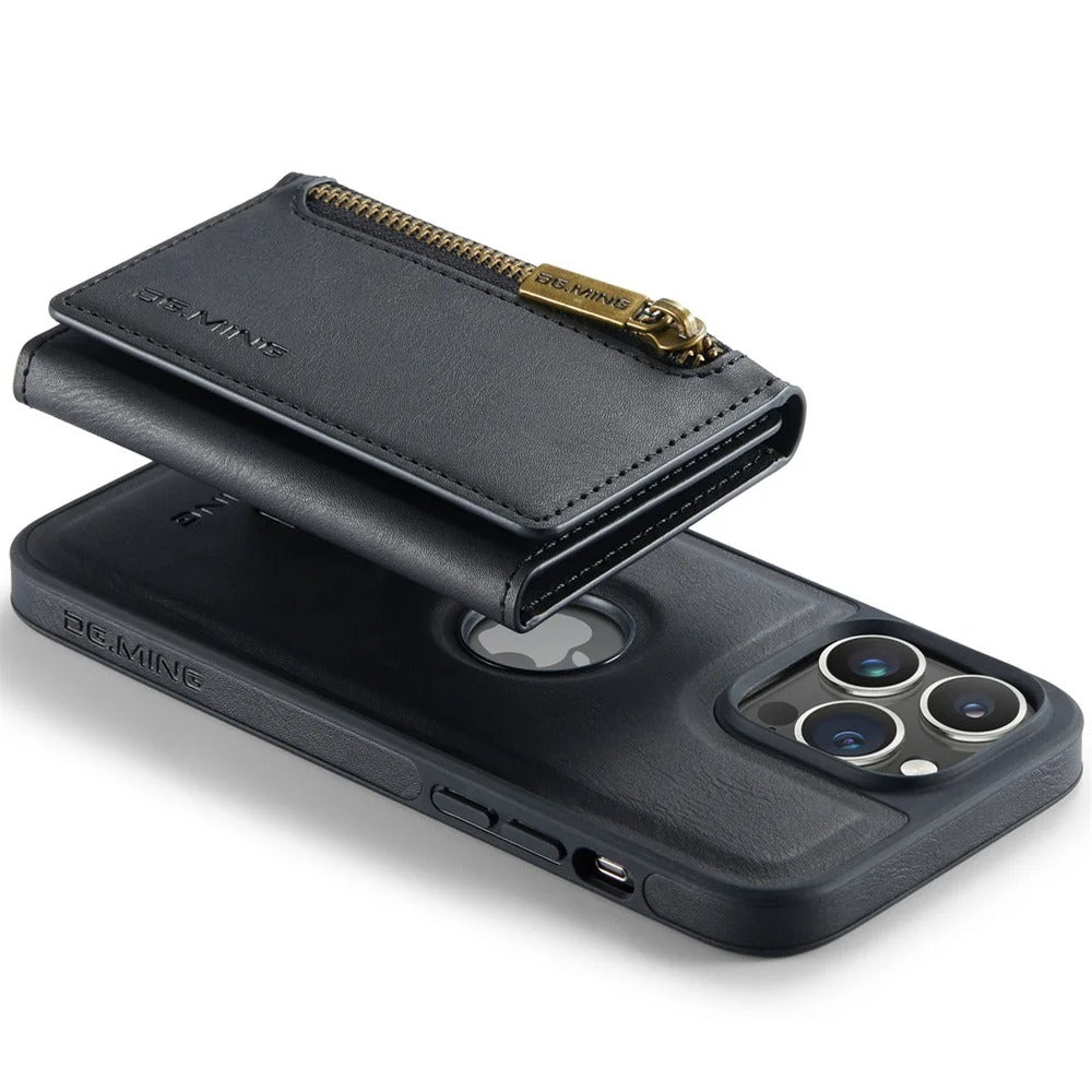 Luxury iPhone DG.Ming Magnetic Flip Leather Wallet Case — Zipper Card Holder Back Cover, Dual Layer Shockproof Design, Wireless Charging Compatible