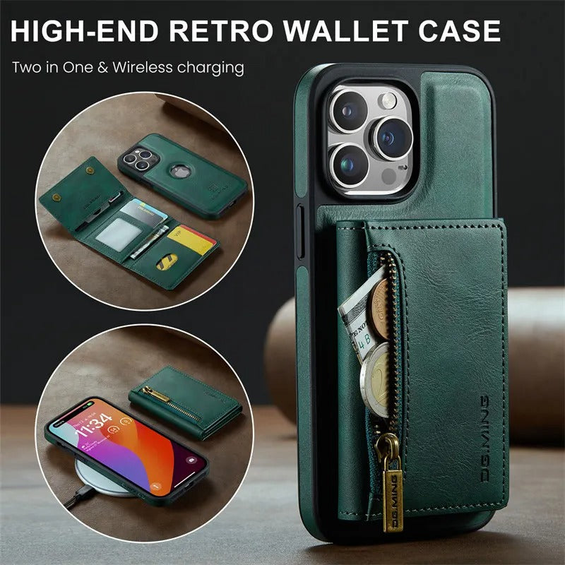 Luxury iPhone DG.Ming Magnetic Flip Leather Wallet Case — Zipper Card Holder Back Cover, Dual Layer Shockproof Design, Wireless Charging Compatible