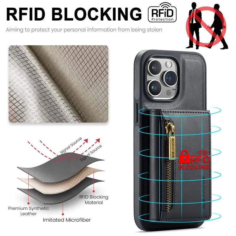 Luxury iPhone DG.Ming Magnetic Flip Leather Wallet Case — Zipper Card Holder Back Cover, Dual Layer Shockproof Design, Wireless Charging Compatible