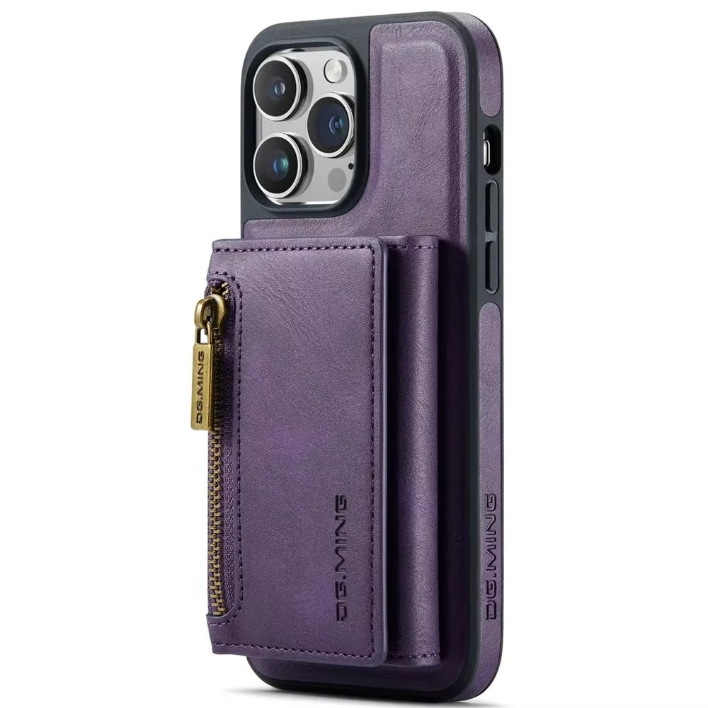 Luxury iPhone DG.Ming Magnetic Flip Leather Wallet Case — Zipper Card Holder Back Cover, Dual Layer Shockproof Design, Wireless Charging Compatible