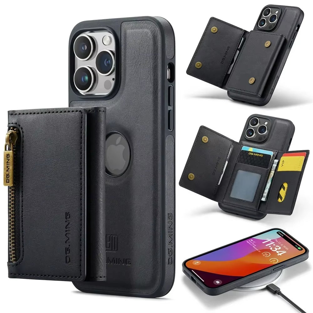 Luxury iPhone DG.Ming Magnetic Flip Leather Wallet Case — Zipper Card Holder Back Cover, Dual Layer Shockproof Design, Wireless Charging Compatible