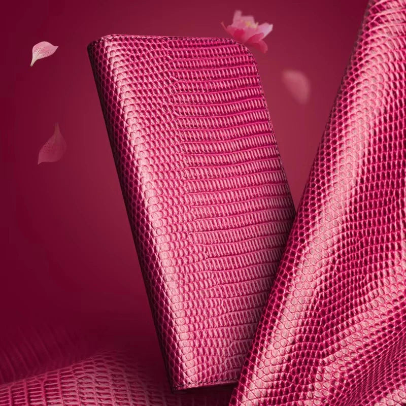 Luxury iPhone Flip Wallet Case Genuine Lizard Leather — Magnetic Closure, Kickstand Holder, Dustproof Non-Slip Design, Premium Full Body Protection