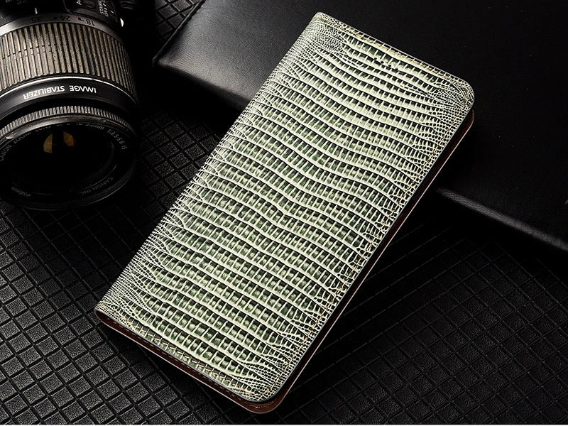 Luxury iPhone Flip Wallet Case Genuine Lizard Leather — Magnetic Closure, Kickstand Holder, Dustproof Non-Slip Design, Premium Full Body Protection