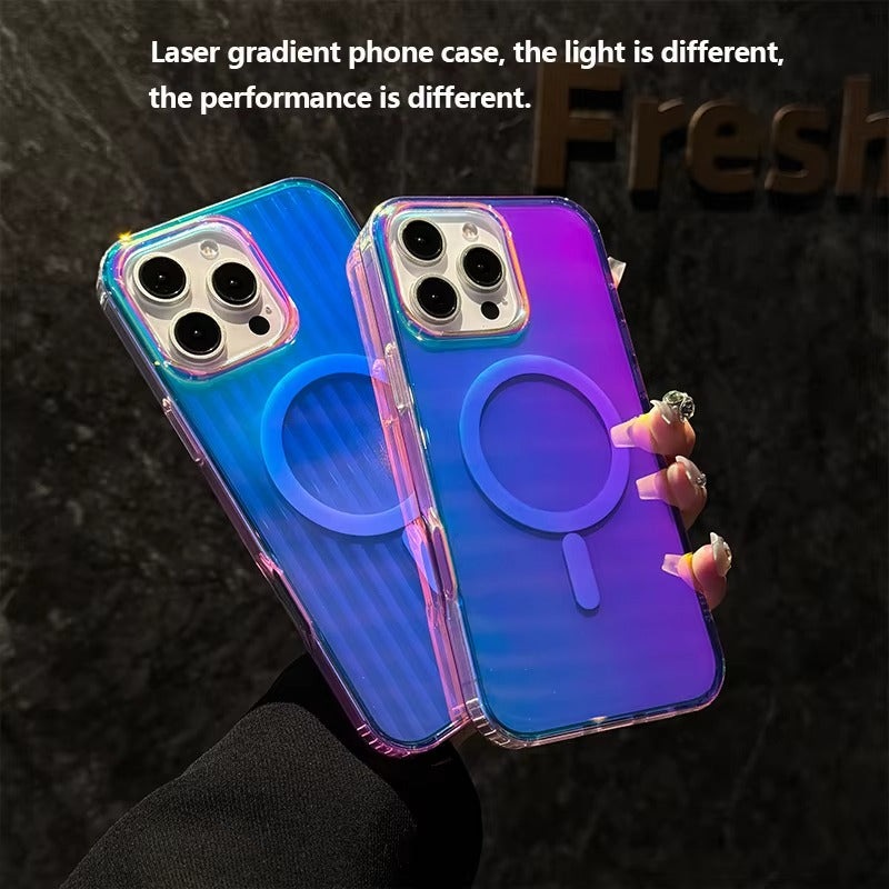 Luxury iPhone MagSafe Case Aurora Gradient Laser Design — Luggage Style Tough Cover, Shockproof Protective Finish for a Stylish Blue Look