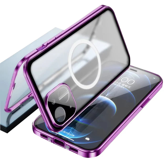 Luxury iPhone MagSafe Case Double-Sided Glass Cover — 360° Full Body HD Transparent Protection, Magnetic Metal Alloy Frame, Shockproof Anti-Fingerprint Design