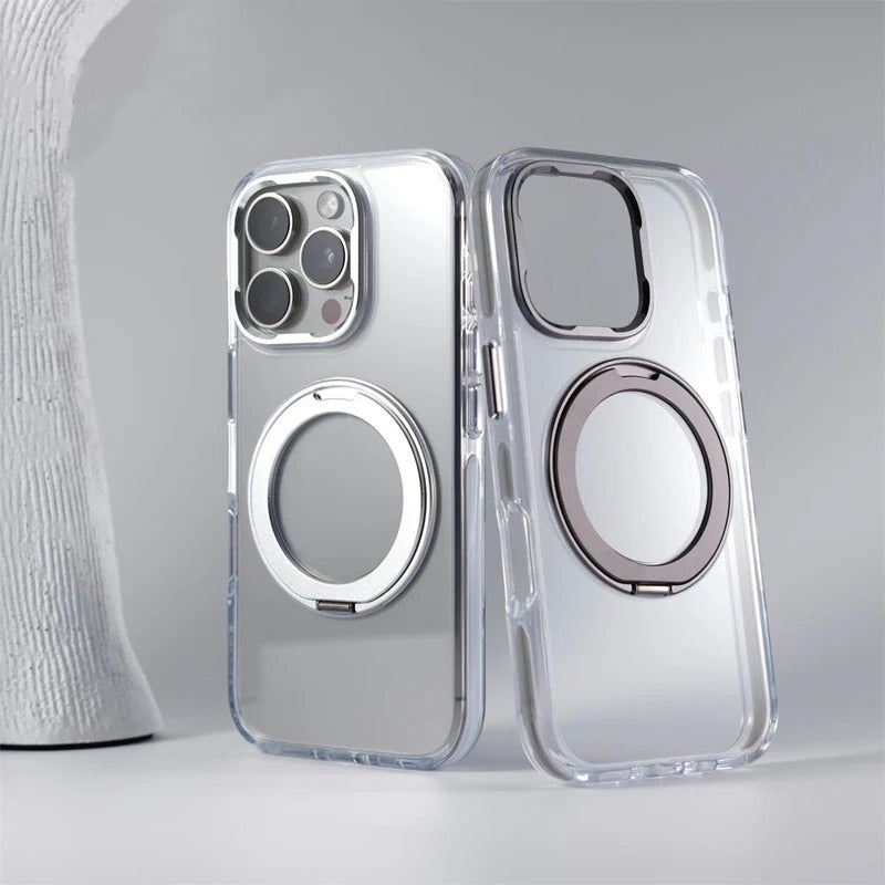 Luxury iPhone Case — MagSafe Transparent Hard PC Cover with 360° Kickstand Holder, Magnetic Wireless Charging and Full-Coverage Shockproof Protection