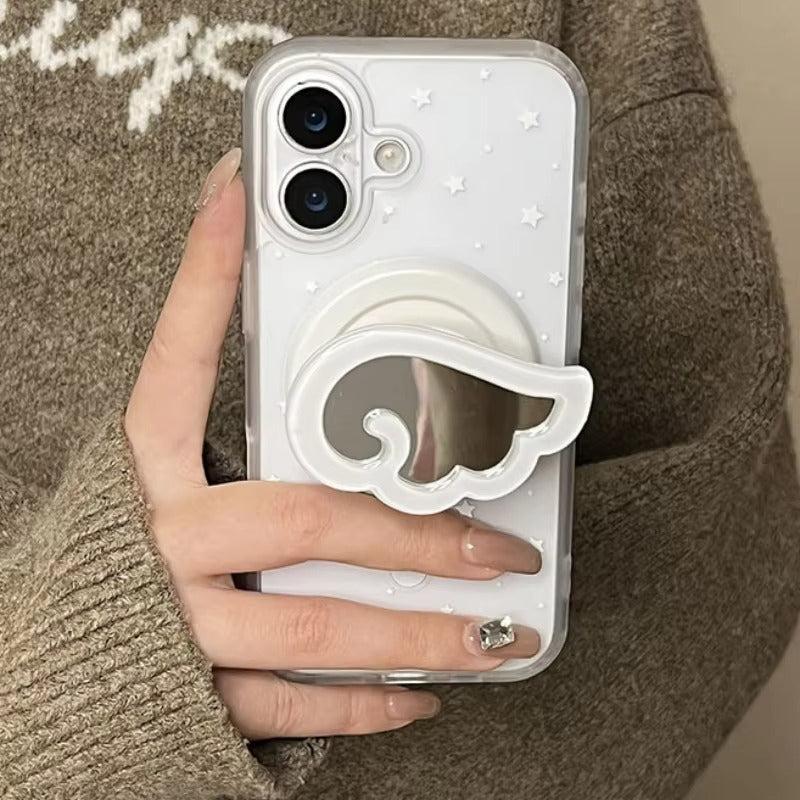 Luxury iPhone MagSafe Cute 3D Wing Mirror Phone Grip, Cartoon Finger Ring Stand Holder with Foldable Kickstand Design