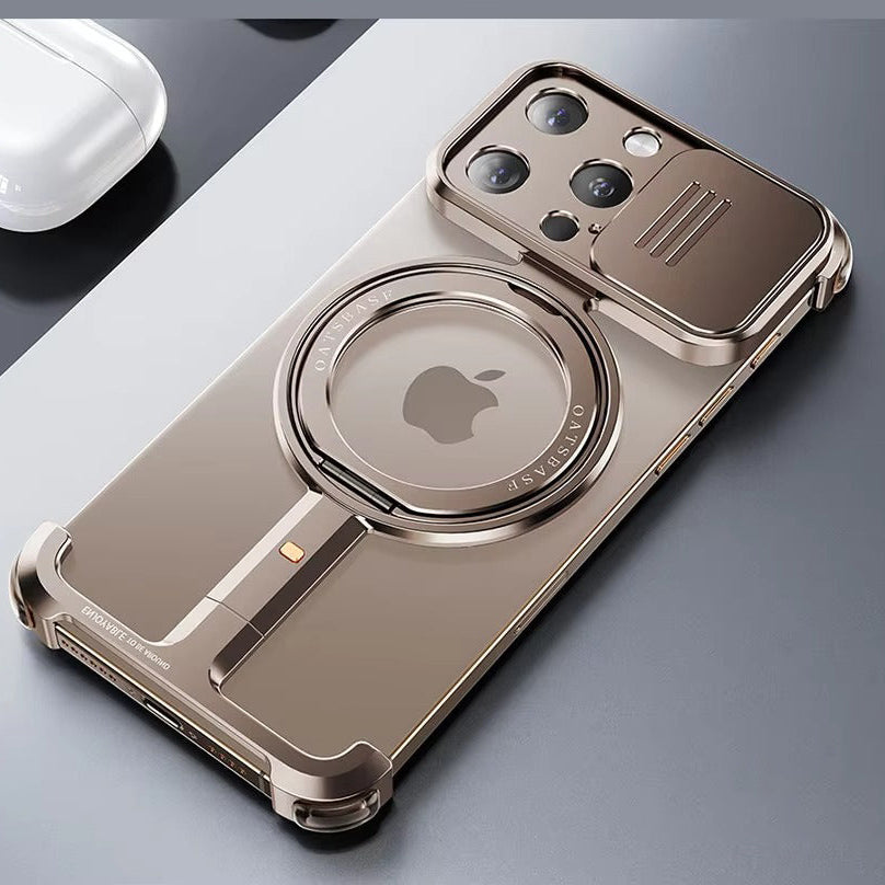 Luxury iPhone Metal Frameless Magnetic Case — Aluminum Alloy Cover with Ring Stand, Shockproof Camera Protection, Heavy Duty Matte Finish