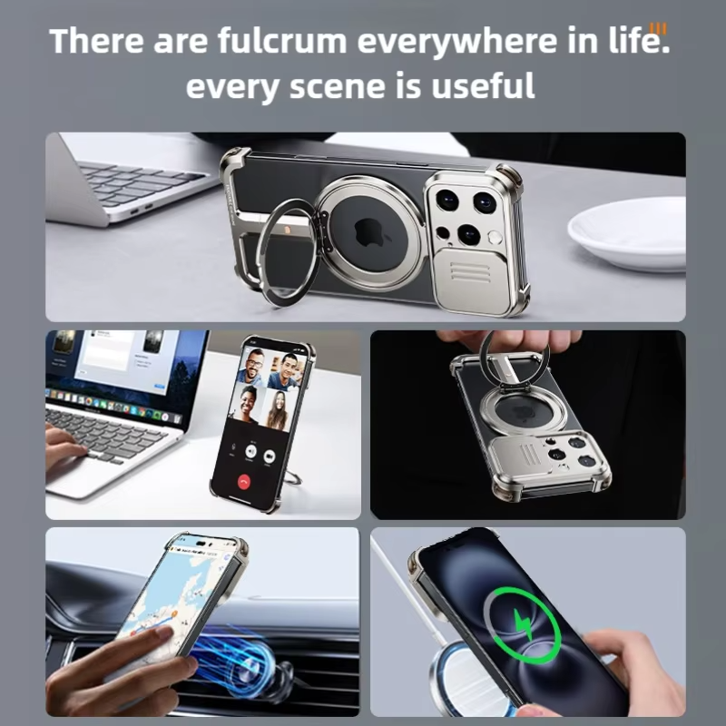 Luxury iPhone Metal Frameless Magnetic Case — Aluminum Alloy Cover with Ring Stand, Shockproof Camera Protection, Heavy Duty Matte Finish
