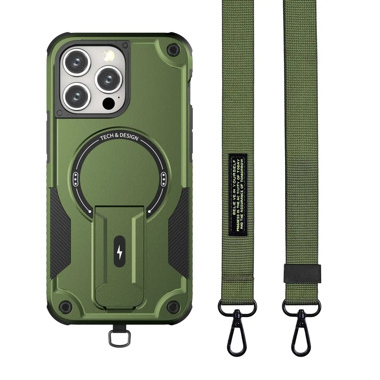 Military-Grade Magnetic iPhone Case — Hidden Stand, Shockproof, Anti-Fingerprint, Anti-Scratch, Dual Layer Protection, Lanyard Wristband, Full Coverage