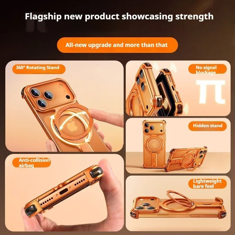 Premium iPhone Case — Magnetic Shockproof Slim Protective Cover with 360° Rotating Stand and Frameless Aluminum Alloy Bumper Wireless-Charging Compatibility