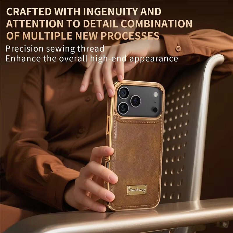Premium Magnetic iPhone Case with Retro Oil-Wax Leather — Strong Metal Button Grip, Shockproof Full-Coverage Plating, Anti-Fingerprint & Scratch-Resistant Design