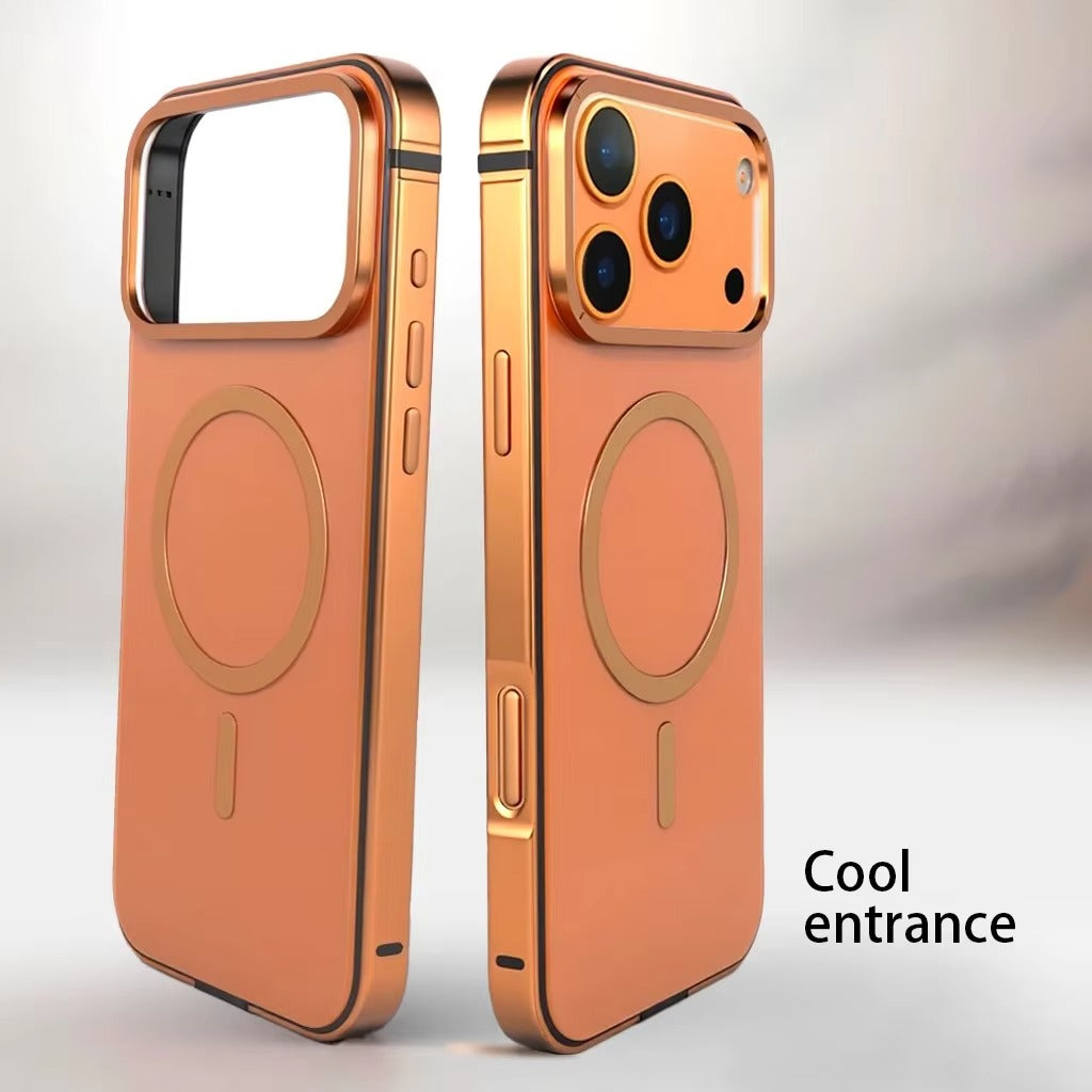 Premium iPhone Case — Orange Aluminum Alloy MagSafe Compatible Hard Shockproof Matte Cover with Magnetic Glass Protection, Anti-Scratch, Lightweight Design