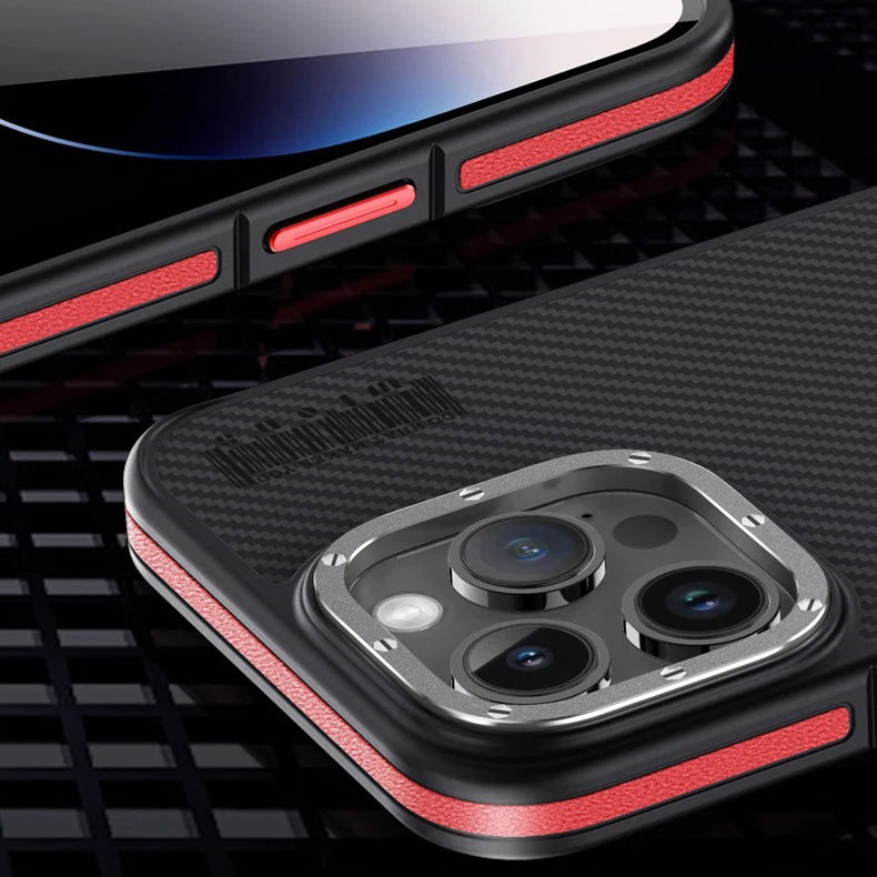 Premium iPhone Case — 600D Kevlar Series Magnetic Cover with Metal Camera Ring, Half-Wrapped Dual-Layer Carbon Fiber Protection & Anti-Fingerprint Design