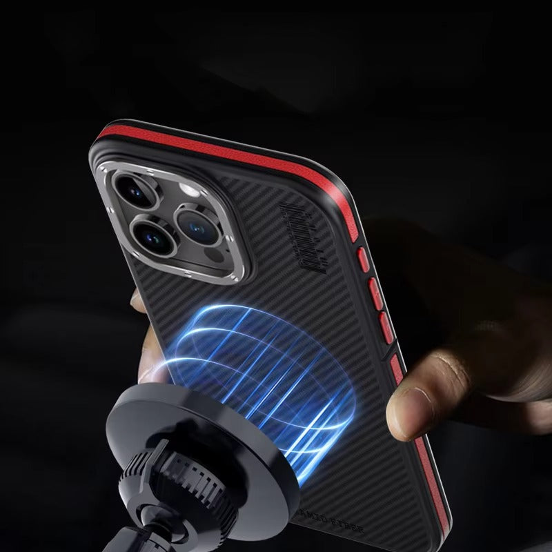 Premium iPhone Case — 600D Kevlar Series Magnetic Cover with Metal Camera Ring, Half-Wrapped Dual-Layer Carbon Fiber Protection & Anti-Fingerprint Design