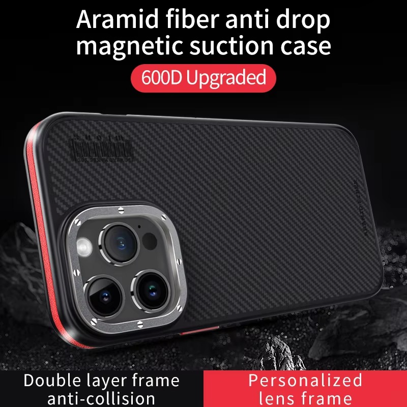 Premium iPhone Case — 600D Kevlar Series Magnetic Cover with Metal Camera Ring, Shockproof Half-Wrapped PC+TPU Design & MagSafe Compatibility