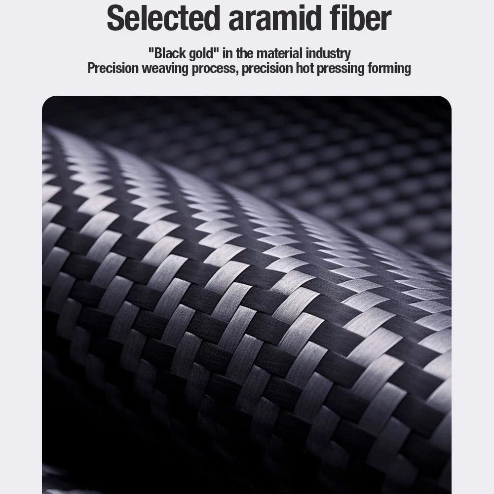 Premium iPhone Case — Aramid Fiber Kevlar 600D Half-Wrapped Cover with MagSafe, Invisible Camera Ring Stand, Shockproof Anti-Fingerprint Design