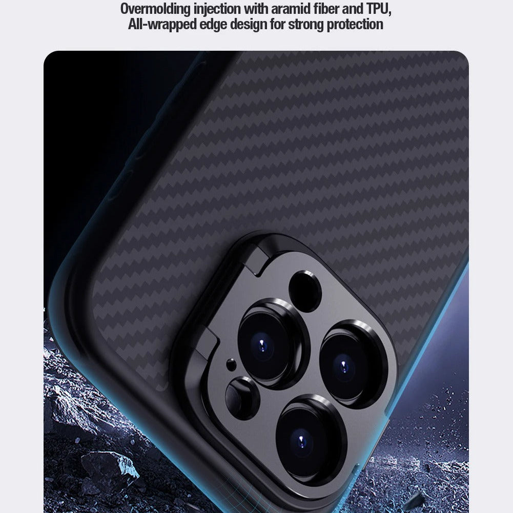 Premium iPhone Case — Aramid Fiber Kevlar 600D Half-Wrapped Cover with MagSafe, Invisible Camera Ring Stand, Shockproof Anti-Fingerprint Design