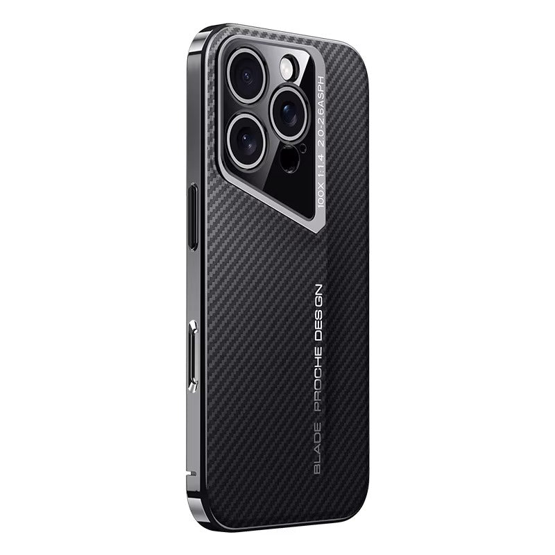 Premium iPhone Case — Carbon Fiber Fighter-Style Electroplated Protective Cover with Magnetic Shockproof Design, Anti-Fingerprint Non-Slip Full-Coverage Build