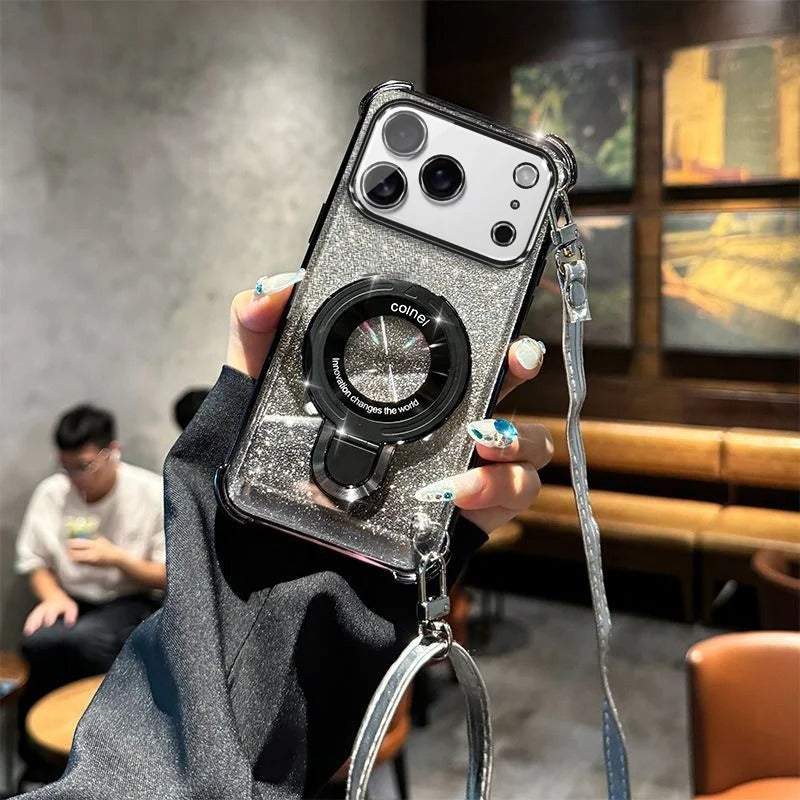 Premium iPhone Case — Four-Corner Anti-Drop TPU Cover with Wireless Charging Holder, Shockproof Lanyard Design & Half-Wrapped Protection