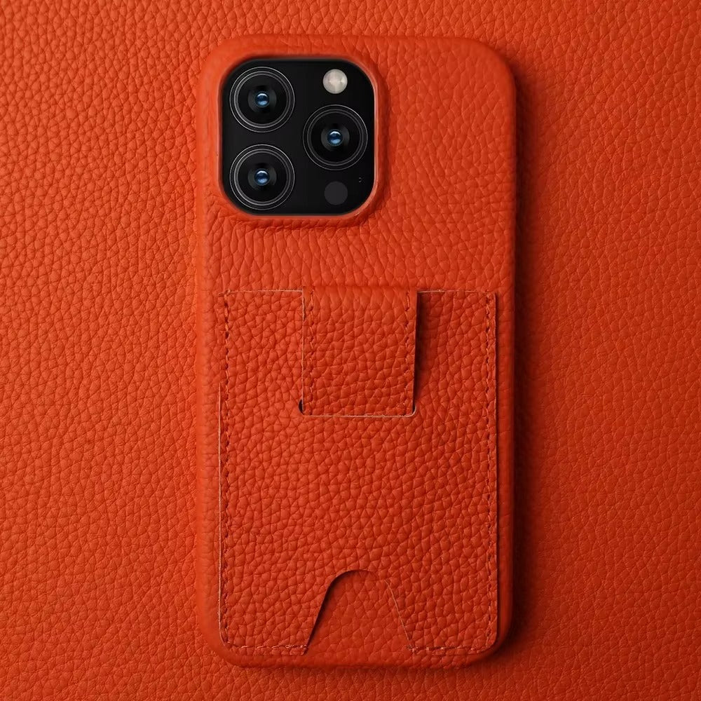 Premium iPhone Case — Genuine Cowhide Leather Cover with Card Holder Slot, Slim Shockproof PC Back and Anti-Fingerprint Non-Slip Design