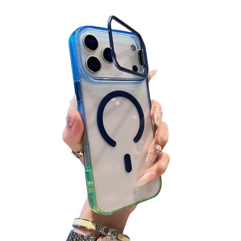 Premium iPhone Case — Gradient Transparent Magnetic Bracket Cover with Camera Stand, Anti-Fingerprint Anti-Scratch Shockproof Design & Non-Slip Two-Tone Finish