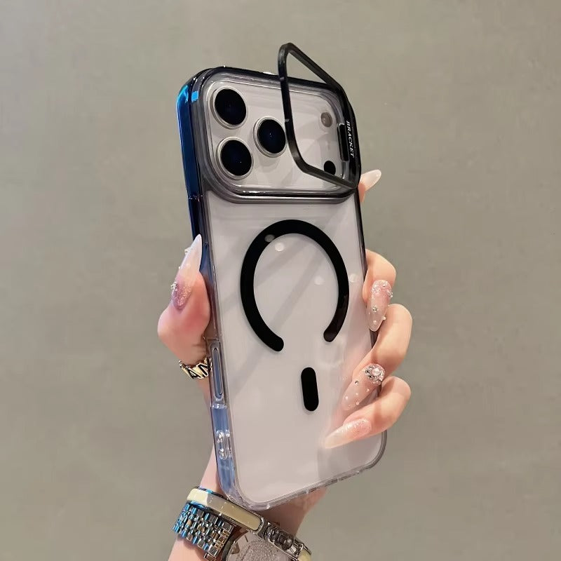 Premium iPhone Case — Gradient Transparent Magnetic Bracket Cover with Camera Stand, Anti-Fingerprint Anti-Scratch Shockproof Design & Non-Slip Two-Tone Finish