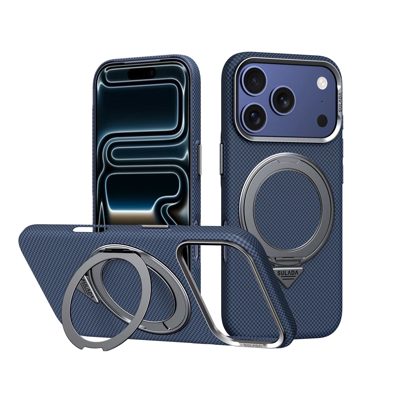 Premium iPhone Case — Kevlar Checkered Magnetic Stand Cover with Carbon Fiber Pattern, MagSafe PC Hard Shell & Raised Scratch-Resistant Lens Protection