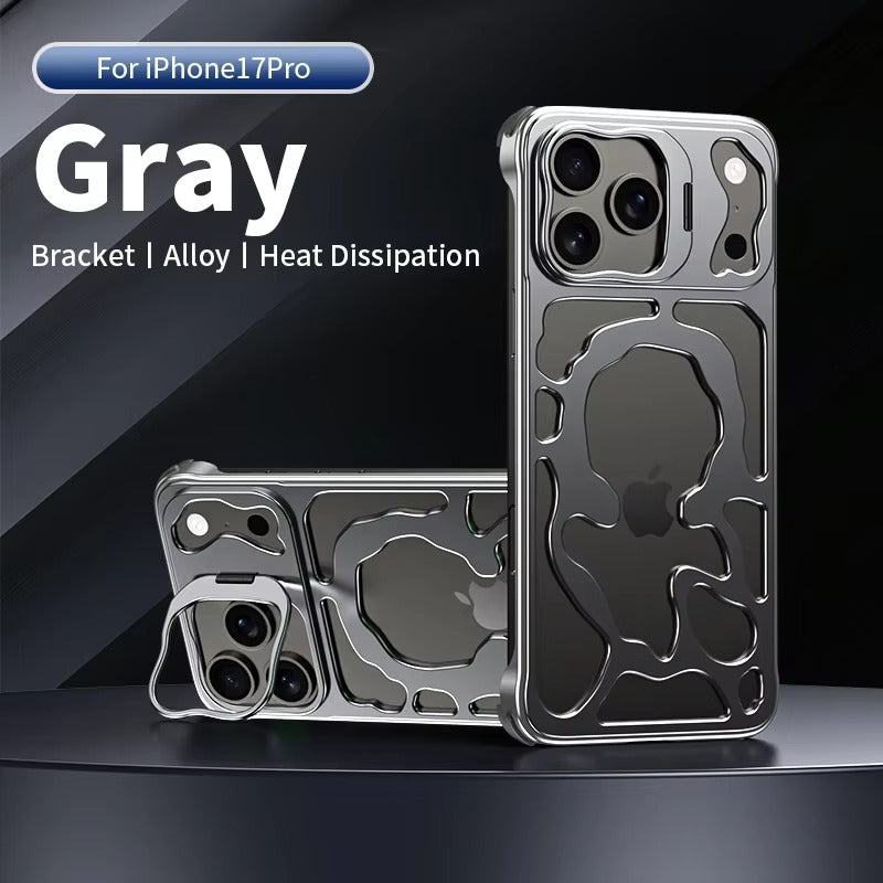 Premium iPhone Case — Magnetic Hollow Metal Cover with Breathable Heat-Dissipating Design and Built-In Stand Bracket