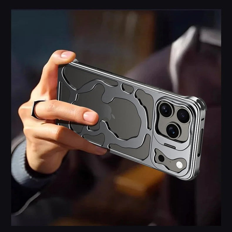 Premium iPhone Case — Magnetic Hollow Metal Cover with Breathable Heat-Dissipating Design and Built-In Stand Bracket