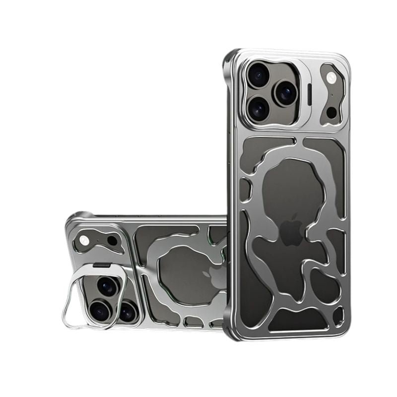 Premium iPhone Case — Magnetic Hollow Metal Cover with Breathable Heat-Dissipating Design and Built-In Stand Bracket