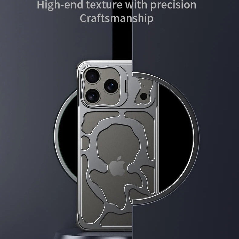 Premium iPhone Case — Magnetic Hollow Metal Cover with Breathable Heat-Dissipating Design and Built-In Stand Bracket
